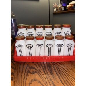 Griffith 12 Milk Glass Spice Jars Red Caps Red Rack Vintage Art Deco Kitchen